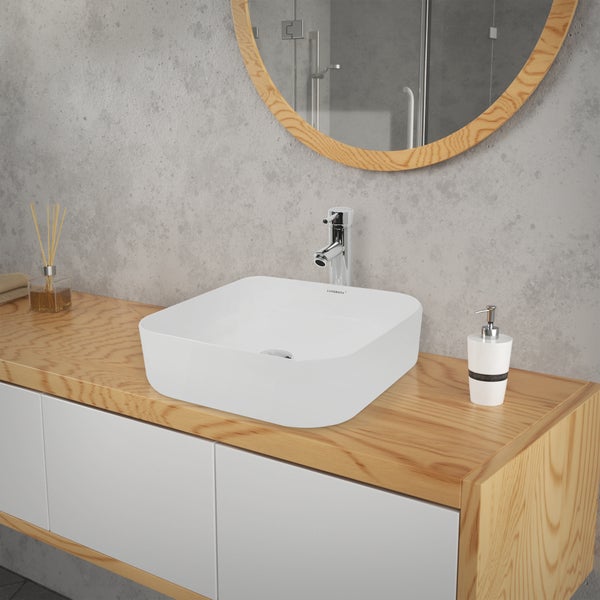 ECD Germany Waschbecken Waschtisch 390x390x140 mm Keramik Weiß inkl. Ablaufgarnitur für Waschbecken ohne Überlauf Aufsatzbecken Aufsatzwaschbecken Aufsatzwaschtisch Waschschale Spülbecken Becken