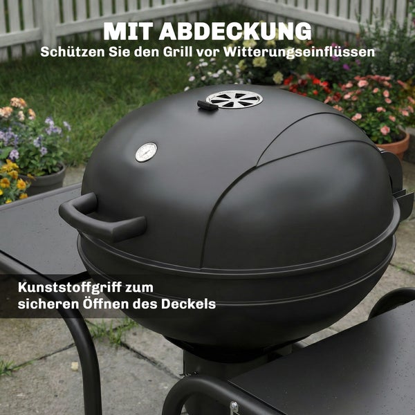 Holzkohlegrill mit geschlossenem Deckel, Kunststoffgriff zum Öffnen, integriertem Thermometer und Lüftungsregulierung.