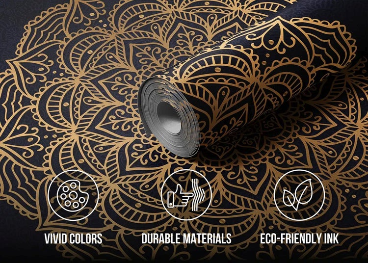 Tapetenrolle mit Mandala-Muster, lebendige Farben, langlebige Materialien und umweltfreundliche Tinte.