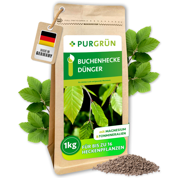 Purgrün Buchenhecke Dünger in einer 1 Kilogramm Packung mit Magnesium und Tonmineralien für bis zu 16 Pflanzen, hergestellt in Deutschland.