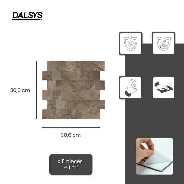 Dalsys Logo. Selbstklebende Mosaikfliesen in Steinoptik, 30,6 mal 30,6 Zentimeter, 11 Stück ergeben 1 Quadratmeter. UV-beständig und wasserfest.