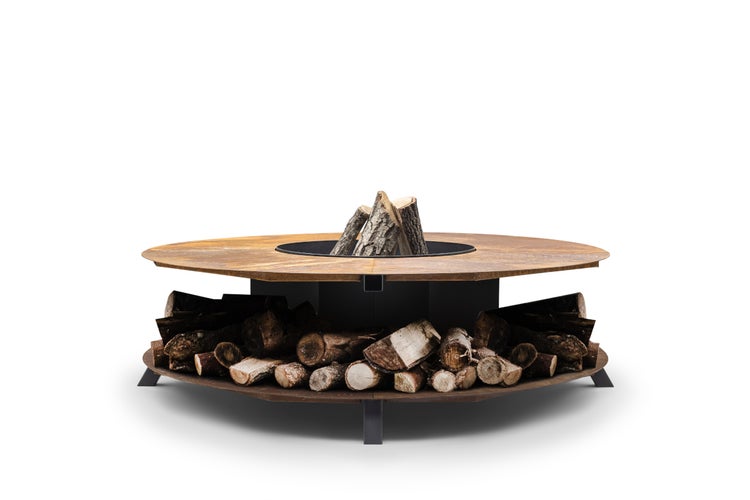 The Favilla Favilla Fuji Feuerschale Cortenstahl – Feuerstelle mit Holzaufbewahrung & Abdeckhaube – Outdoor Garten-Feuerkorb – 120 x 120 x 46 cm – vormontiert – Rostoptik – 60 kg