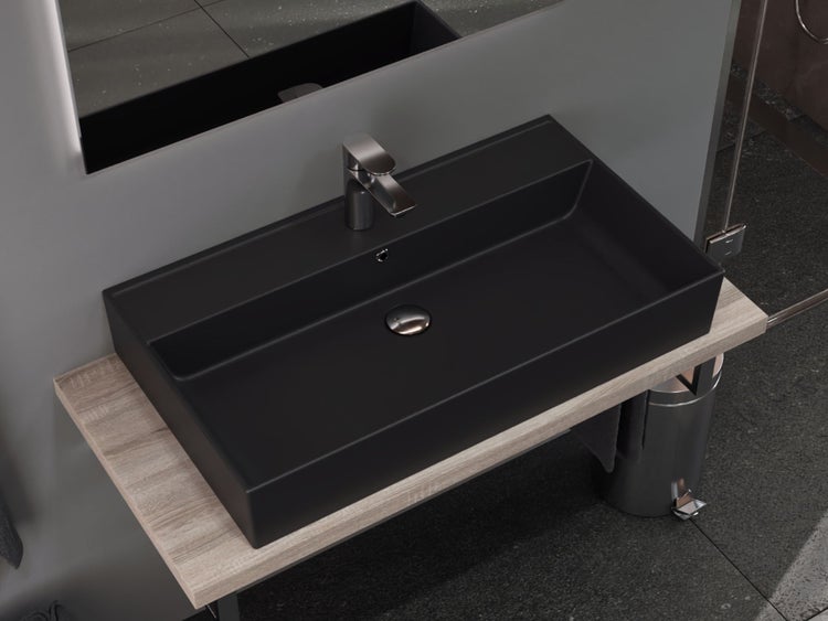 Aqua Bagno Basic Plan Waschbecken 10.16.30.06.04 – 80 x 45 cm – Schwarz Matt – Keramikbecken mit Hahnloch & Überlauf