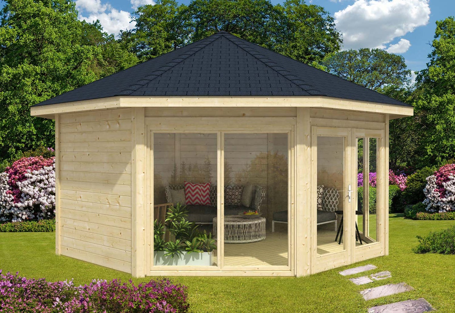 Alpholz Gartenpavillon Modell Rügen mit zwei Fenstern Gartenpavillon aus Holz, Gartenhütte Gartenlaube mit Montagematerial