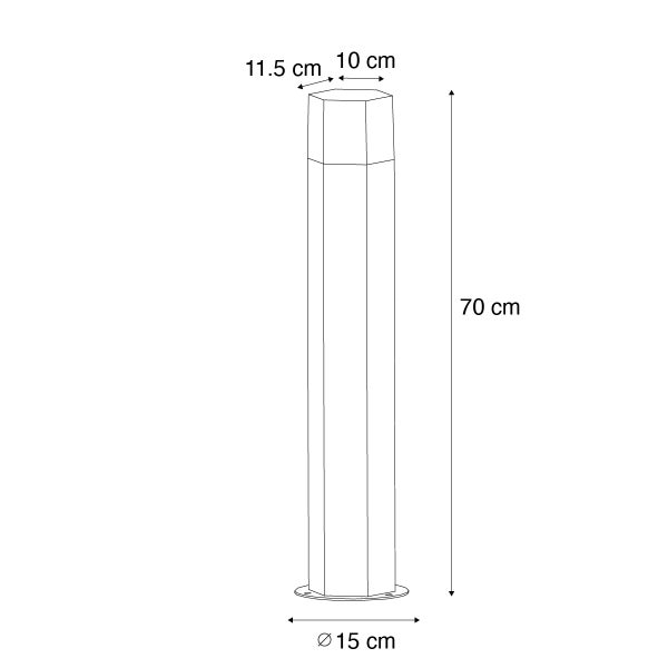 Technische Zeichnung einer hexagonalen Wegeleuchte: Höhe 70 Zentimeter, Durchmesser unten 15 Zentimeter, Maße oben 11,5 und 10 Zentimeter.