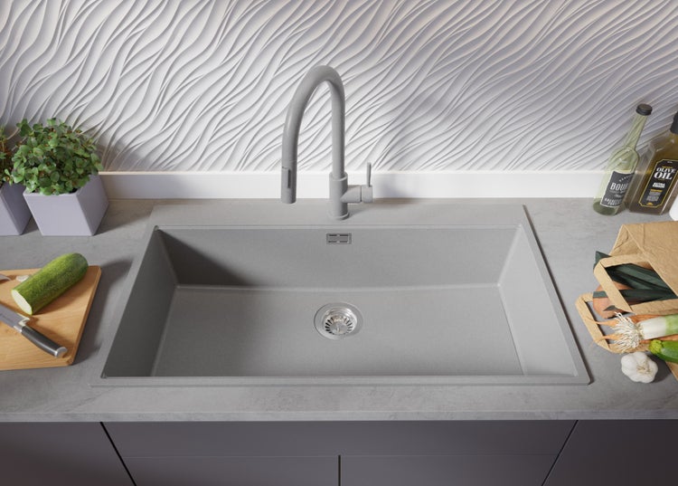 PRIMAGRAN Spülbecken Grau 88x50cm, Granitspüle 1 Becken + Ablauf-Set + Schneidebrett, Küchenspüle ab 90er Unterschrank - Oslo