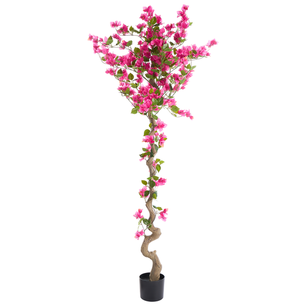Künstliche Bougainvillea mit rosa Blüten und gewundenem Stamm in schwarzem Topf.