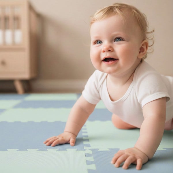 Ein lächelndes Baby krabbelt auf einer weichen Puzzlematte aus Schaumstoff im hellen Kinderzimmer.