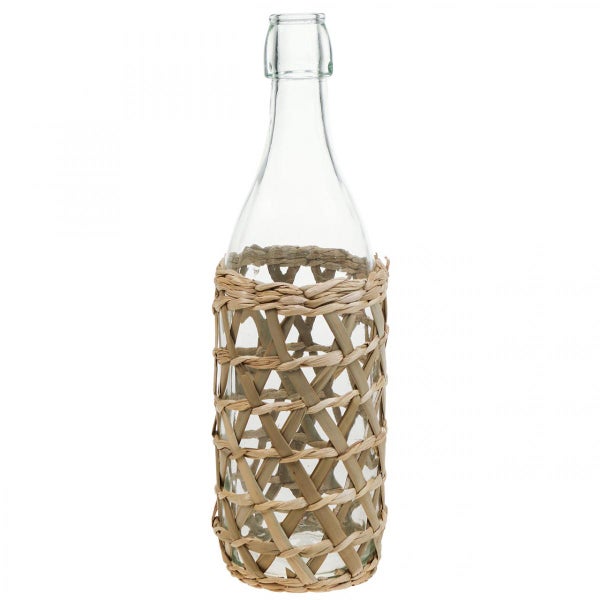 Glasflasche mit Geflecht aus Seegras, dekorative Vase für Innenräume.