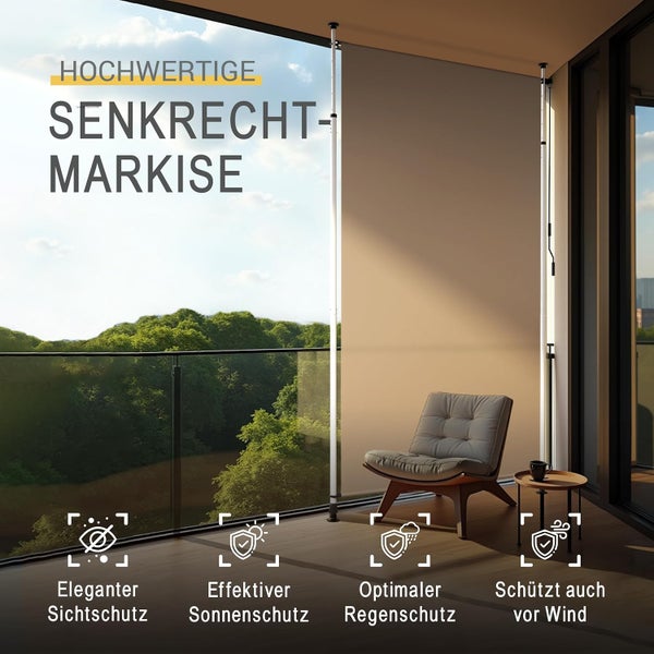 Senkrechtmarkise auf einem Balkon als Sonnen- und Sichtschutz, Klemmmarkise montiert zwischen Boden und Decke.