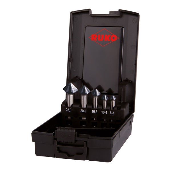 RUKO Kegelsenker-Satz 5-teilig in schwarzer Kunststoffkassette, Größen 6,3 bis 25,0 Millimeter. RUKO Logo.