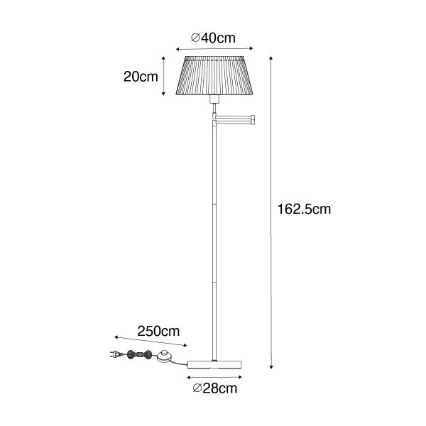 Skizze einer Stehlampe mit den Maßen: Lampenschirmdurchmesser 40 cm, Lampenschirmhöhe 20 cm, Gesamthöhe 162,5 cm, Fußdurchmesser 28 cm, Kabellänge 250 cm