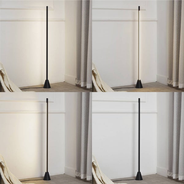 Minimalistische schwarze LED-Stehleuchte in vier Ansichten, zeigt indirekte Beleuchtung an einer weißen Wand in einem modernen Wohnraum.