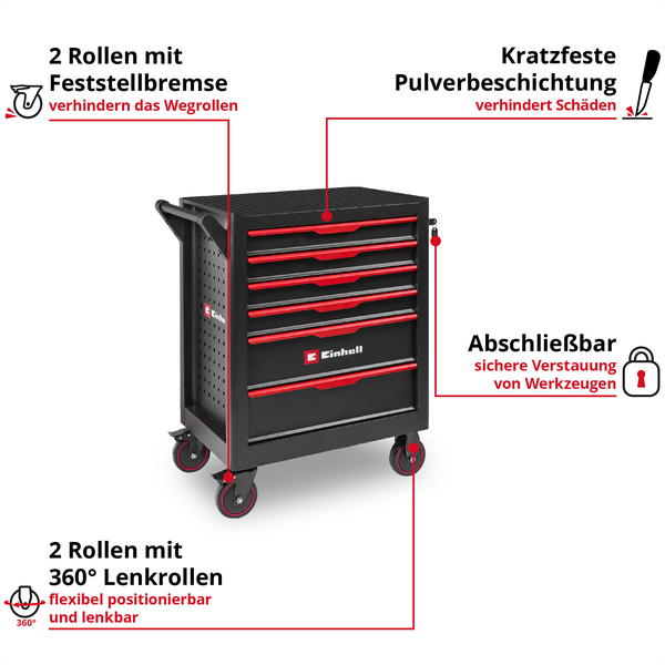 Original Einhell Werkstattwagen leer (6 Schubladen, Interlock-System, kugelgelagerte Führungsschienen, belastbar bis 135 kg, mobil mit Feststellrollen)