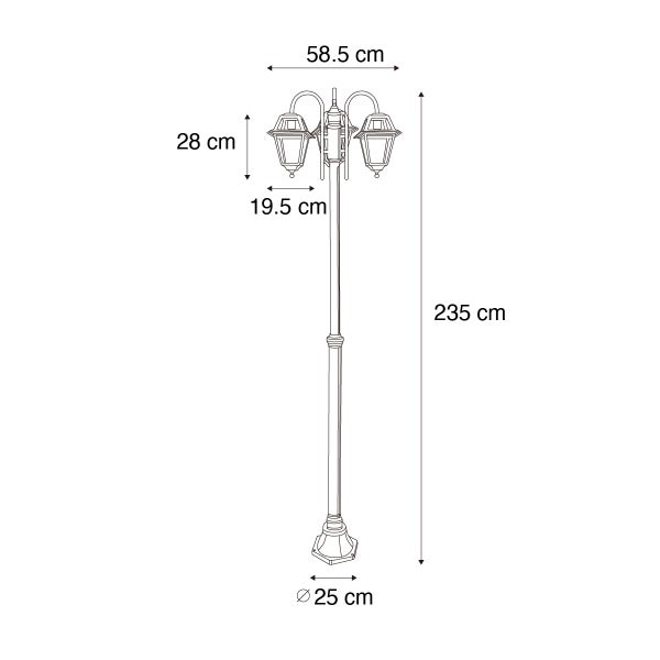 Maßzeichnung einer dreiflammigen Gartenlaterne mit einer Gesamthöhe von 235 Zentimetern und einer Breite von 58,5 Zentimetern.
