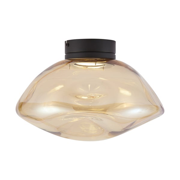 Deckenleuchte mit bernsteinfarbenem Glasschirm und schwarzer Halterung