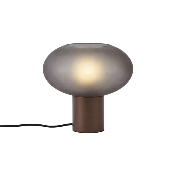 Pilzförmige Tischleuchte mit Schirm aus Rauchglas und Metallsockel in Bronze, beleuchtet.