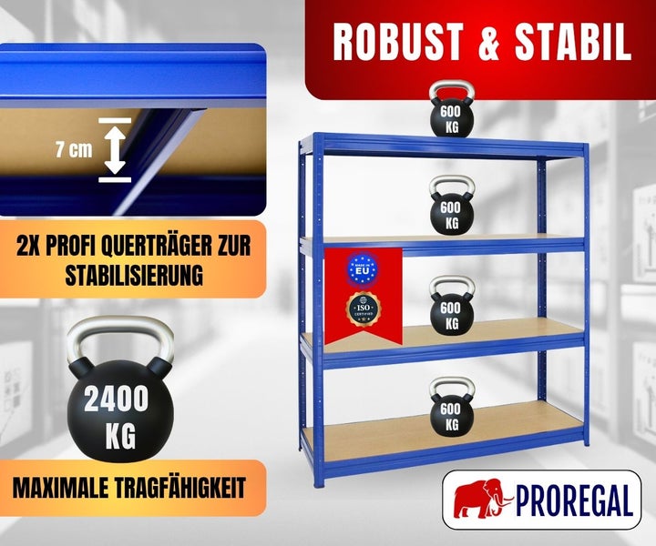 Proregal Regal, 4 Böden, 600 Kilogramm je Boden, 2400 Kilogramm Last. 7 Zentimeter Träger. In der Europäischen Union gefertigt. ISO. Proregal Logo.