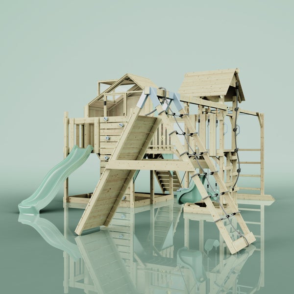 Spielplatz mit Rutsche, Kletterwand, Schaukel und Spielhaus aus Holz