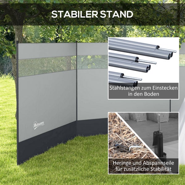 Outsunny Windschutz faltbar Camping Sichtschutz mit Lichtquellenfenster Heringen Seilen Windfang Zaun Strandwindschutz Strandschutz für Camping Garten, Strand, Terrasse 440 x 140 cm Grau