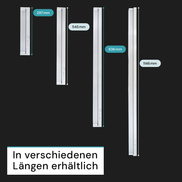 LED-Leuchten in verschiedenen Längen: 297 mm, 545 mm, 836 mm und 1146 mm.