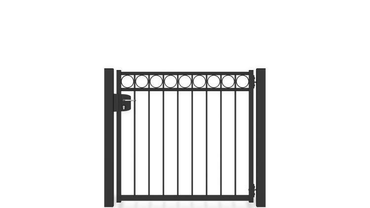 Gartentor ZAUNGURU BASIC-Linie Oldenburg Kreis aus Metall, Höhe: 123cm, Breite: 150cm, 1-flügelig inkl. Pfosten, Schloss und Zubehör, Feuerverzinkt und in RAL 7016 Anthrazitgrau pulverbeschichtet