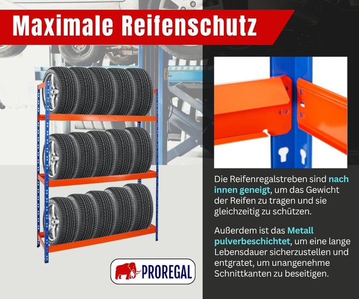 Proregal Reifenregal mit drei Ebenen, nach innen geneigten Streben zum Reifenschutz und pulverbeschichtetem Metall. Proregal Logo.