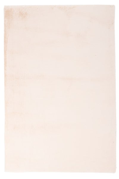 Rechteckiger beiger Teppich mit weicher Textur.