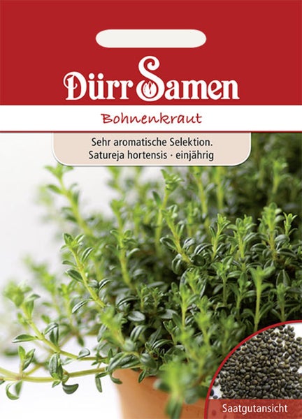 Dürr Samen Logo, Bohnenkraut Satureja hortensis, einjährig, aromatische Selektion, Samentüte mit Abbildung der Pflanze und der Samen.