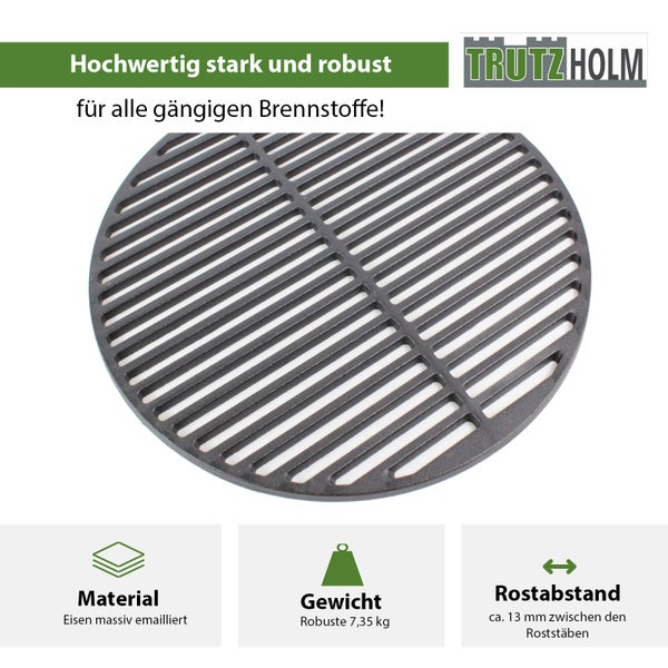 Runder Grillrost aus massiv emailliertem Gusseisen von Trutzholm mit 13 Millimeter Stababstand und 7,35 Kilogramm Gewicht
