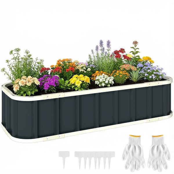 Ovales Hochbeet aus Metall mit Blumen bepflanzt, inklusive Gartenhandschuhen und Pflanzschildern.