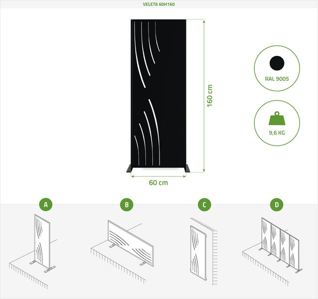 Set mit 2 dekorativen Paneelen VELETA Schwarz H.160cm, linke Seite mit Mustern