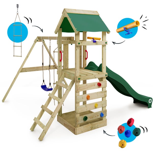 WICKEY Spielturm Klettergerüst FreeFlyer mit Schaukel und Rutsche, Kletterturm mit Sandkasten, Leiter und Spiel-Zubehör - grün