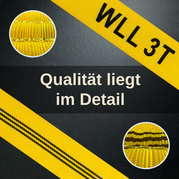 Hebegurt mit einer Tragfähigkeit von 3 Tonnen sowie Detailansichten der hochwertigen Webstruktur und Kennzeichnung.