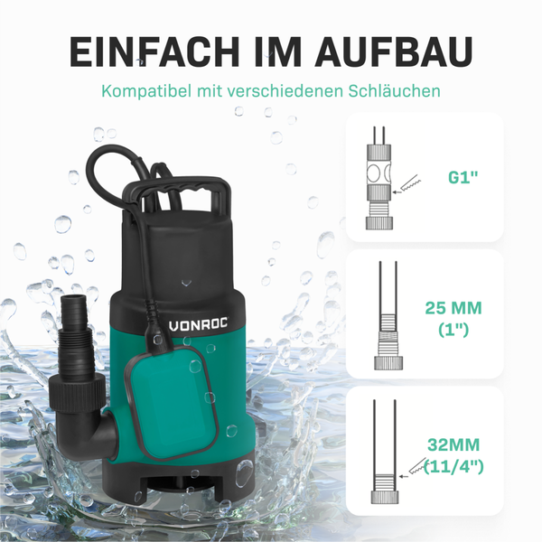 VONROC Tauchpumpe Schmutzwasserpumpe - Wasserpumpe für Schmutzwasser Keller - Gartenpumpe für sauberes oder leicht verschmutztes Wasser mit Schwimmer (900W - 1600l/h)