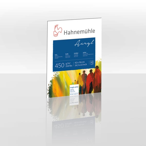 Hahnemühle Logo, Hahnemühle Acrylmalblock, 450 Gramm pro Quadratmeter, 42 mal 56 Zentimeter, 10 Blatt, säurefrei.