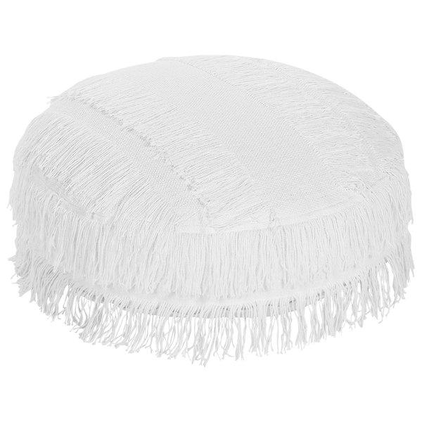 Runder Sitzpouf aus Baumwolle mit dekorativen Fransen im Boho Stil für das Wohnzimmer