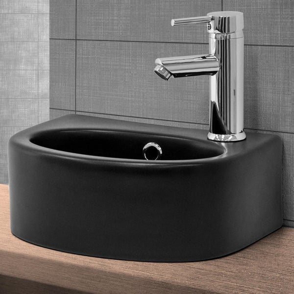 ML-Design Waschbecken Keramik Schwarz 33,5x25,5x13cm klein mit Ablaufgarnitur, Hahnloch rechts, Abgerundete Aufsatzwaschbecken, Moderne Waschtisch, Waschschale mit Überlauf, Waschplatz Handwaschbecken