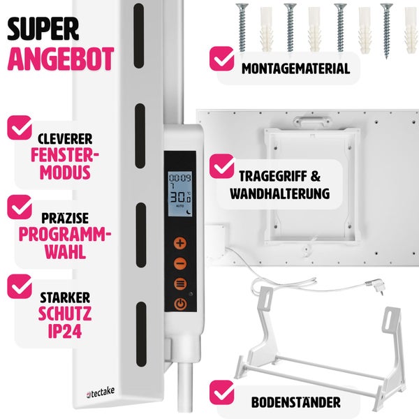 Tectake Konvektor Heizkörper mit Montagezubehör, Tragegriff, Wandhalterung und Bodenständer