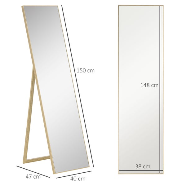 HOMCOM Standspiegel, Ganzkörperspiegel mit Holzmaserung, Ankleidespiegel, Schminkspiegel für Schlafzimmer, Wohnzimmer und Eingangsbereich, Silber+Hellbraun, 40 x 150 cm