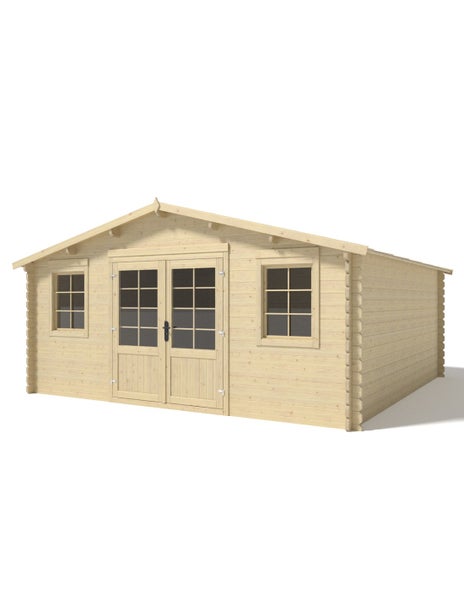 Gartenhaus aus Holz mit Doppeltür und zwei Fenstern, Blockbohlenbauweise für den Garten.