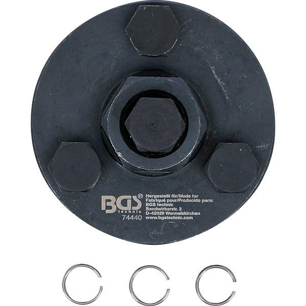 BGS technic Universal Flanschabzieher Set mit runder Metallplatte, Sechskantschrauben und drei Sicherungsringen für die Montage an Radnaben.