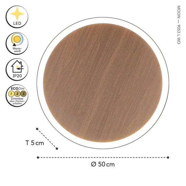 Runde LED-Deckenleuchte Holzoptik, Durchmesser 50 Zentimeter, Tiefe 5 Zentimeter. Warmweißes Licht, IP20, stufenweise dimmbar über Wandschalter.