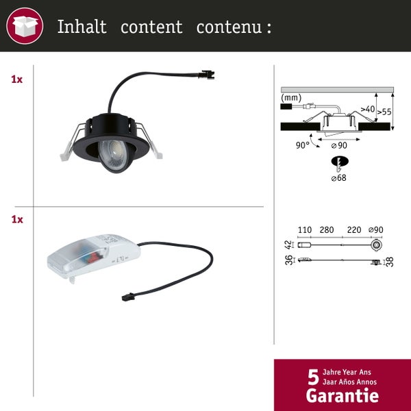 Lieferumfang und Maße des LED-Einbaustrahlers: Inklusive Treiber, Durchmesser 90 Millimeter, Einbautiefe 55 Millimeter und 5 Jahre Garantie.