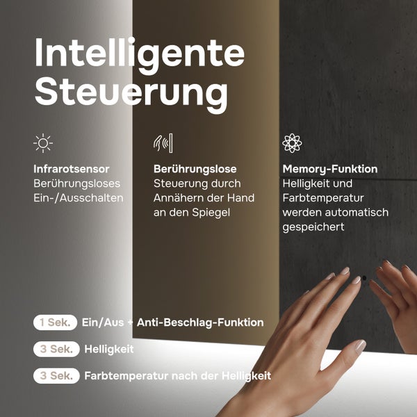 Infografik zeigt Funktionen von Badspiegel mit Infrarotsensor, berührungsloser Steuerung, Memory Funktion und Anti Beschlag Funktion für Spiegel.