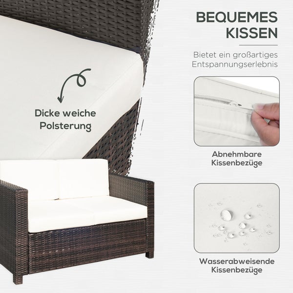Outsunny Poly-Rattan Sofa mit Kissen, 2-Sitzer Garten Loungesofa, 130 x 70 x 80 cm, Metall, Polyester, Braun+Weiß