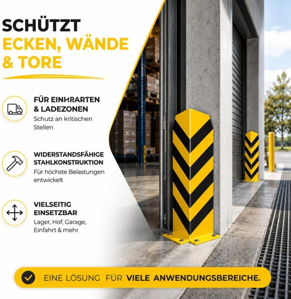 Eckenschutz aus Stahl mit gelb-schwarzen Warnstreifen zum Schutz von Ecken, Wänden und Toren in Lagerzonen und Einfahrten.