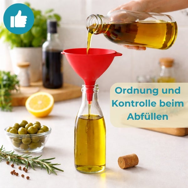 Abfüllen von Öl mit einem Trichter in eine Flasche
