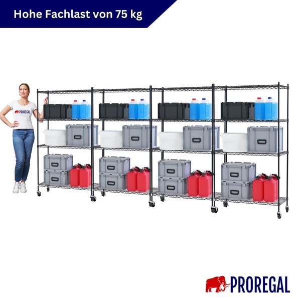 Fahrbares Metall-Drahtregal mit vier Segmenten und verschiedenen Lagerbehältern, Fachlast von 75 Kilogramm pro Boden. PROREGAL Logo.