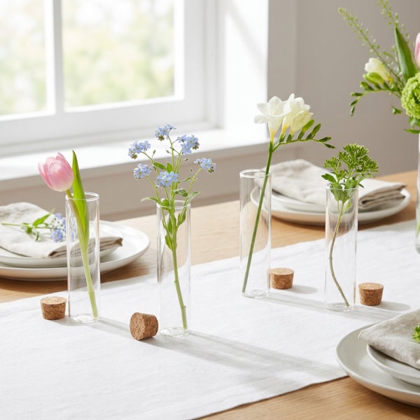 Set aus vier zylindrischen Glasvasen mit Korkstopfen als Tischdekoration mit frischen Blumen auf einem gedeckten Tisch.
